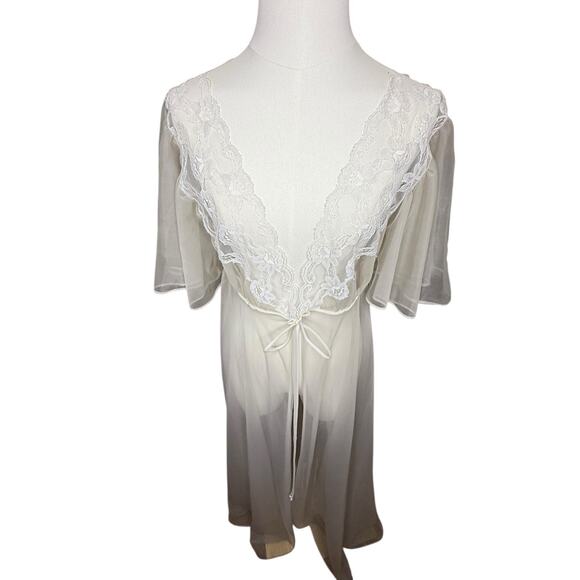 Vtg Val Mode Peignoir Bridal Lace Sheer Lingerie Robe White Bridal Short Sleeve - Picture 1 of 7
